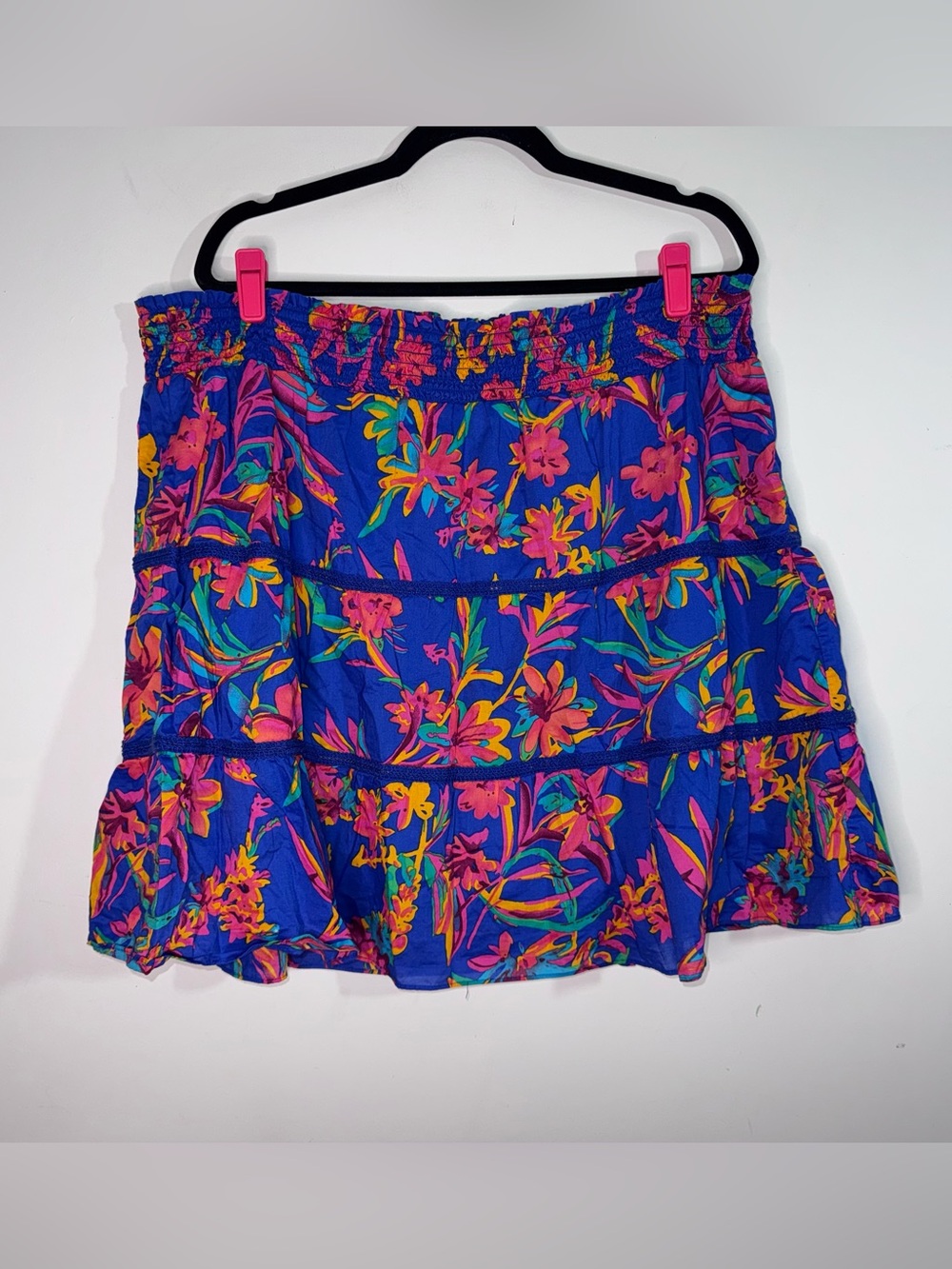 J.Crew 2X Tropical Floral Tiered Mini Skirt Blue Pink Cotton Resort Boho